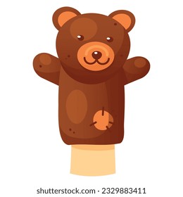 Hand animal puppet funny bear brown soft toy for childish theater entertainment vector flat illustration. Cartoon character playing actor kids show cute doll concert show culture for human arm wearing