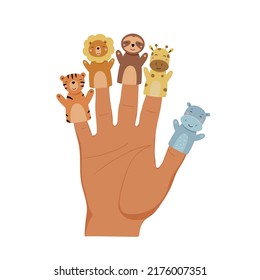 Hand animal puppets. Children finger theater. Family leisure. Lion, tiger, giraffe, hippo, sloth dolls. Vector illustration isolated on white background in hand drawn style.