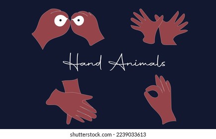 Animales de mano, animales de marionetas de sombra de mano. juego en la sombra, títere en la sombra. Muestra a mano marionetas que muestran búho, pájaro, pez y perro.