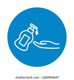 hand with antibacterial gel bottle icon over white background, block style, vector illustration