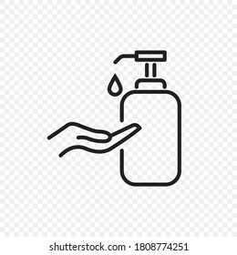 Hand Antibacterial Gel Bottle Line Vector Icon. Alcohol Hands Sanitizer Use Poster For Corona Prevention And Hygiene. Medical Liquid Antiseptic Soap Bottle With Pump Sign. Disinfect/sanitize Poster V2