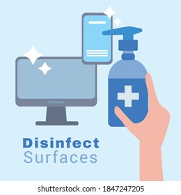 hand with antibacterial soap bottle and electronic devices disinfect surfaces vector illustration design