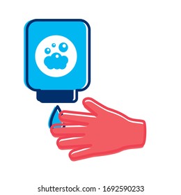 Hand mit antibakterieller Seifenflasche im flachen Stil Vektorillustration Design