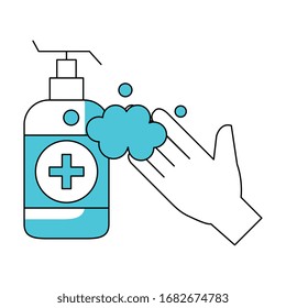mano con frasco de jabón antibacteriano aislado icono ilustración vectorial diseño