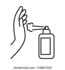 hand with antibacterial spray can over white background, line style, vector illustration