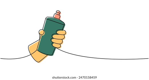 Hand with anti-bacterial spray one line colored continuous drawing. Cleaning service tools continuous one line illustration. Vector illustration.