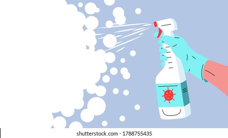Hand with antiseptic spray. Vector illustration of a hand holding a sprinkler with antiviral disinfectant. Concept of quarantine, hygiene,  and protection against coronavirus
