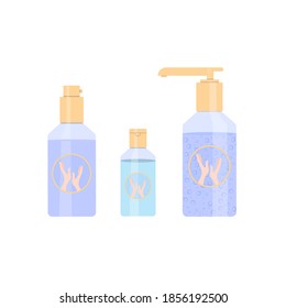 Hand antiseptics set. Three bottles with cleansing gel, soapy water, alcohol and hand emblem on the label. Vector illustration, flat cartoon color minimal design, isolated on white background, eps 10.