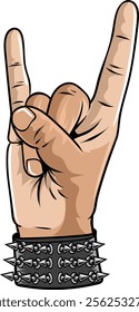 Hand apotropaic horn gesture for heavy metal emblem in vector cartoon illustration