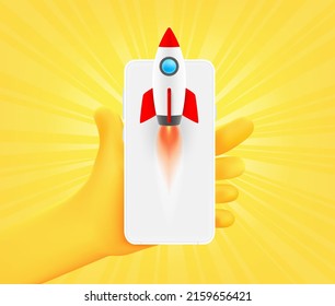 Hand mit App-Icon mit Rakete auf Smartphone. 3D-Vektorgrafik