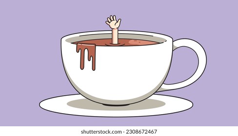 a hand appears from inside the coffee cup asking for help