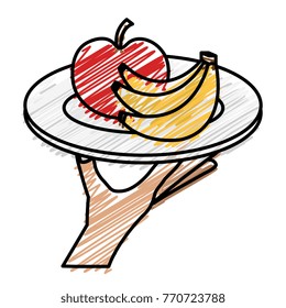 hand with apple and banana in dish