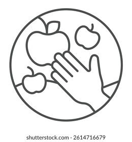 Hand and apple fruit thin line icon, eco tourism concept. Vector graphics. Fruit harvesting with human hand sign on white background, linear style icon for mobile or web design