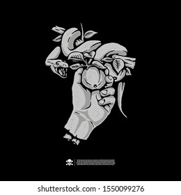 Hand, apple and snake. Design for printing on t-shirts, stickers and more. Vector.