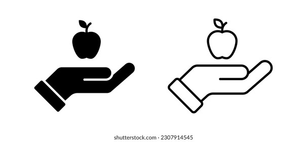 Mano con icono vector de manzana. Símbolos asociados con la dieta, vegetariano, vitamina y naturaleza. Signo de cosecha de granja
