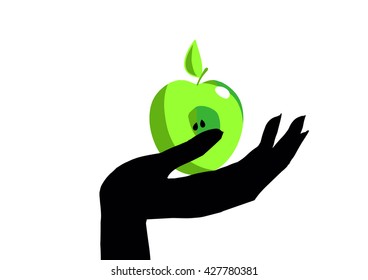 The hand with the Apple. Vector illustration of an Apple.Symbolize the forbidden fruit or a healthy lifestyle