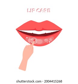 Una mano aplica un bálsamo translúcido hidratante, brillo labial a los labios. Concepto: tratamiento de labios rotos, hidratación, protección solar. Ilustración vectorial, diseño de color de dibujos animados planos, aislado.