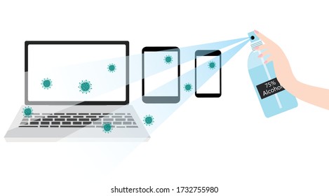 Hand applying 75% alcohol sanitizing spray on laptop, taplet and smartphone to stop COVID-19 coronavirus disease outbreak vector illustration. New normal hygiene cleaning concept background