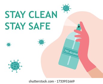 Hand applying 75% alcohol sanitizing spray to stop COVID-19 coronavirus spread outbreak vector illustration. New normal concept