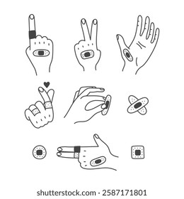 Hand applying Adhesive Bandage Set. Palm and Finger Gesturing and Pose showing medical plaster use. Collection of line doodle elements usage. Vector illustration