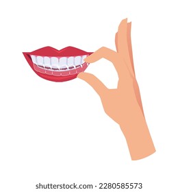 Hand applying clear aligner on teeth, flat vector illustration isolated on white background. Concepts of dental care and orthodontic dentistry. Teeth straightening with clear aligners.