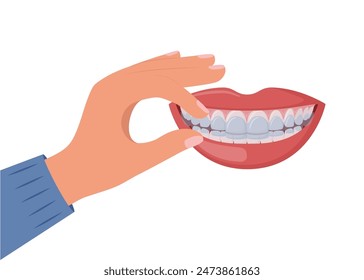 Mano aplicando alineador transparente en los dientes. Conceptos de atención odontológica y odontología ortodóncica. Enderezamiento de los dientes con alineadores transparentes. Vector