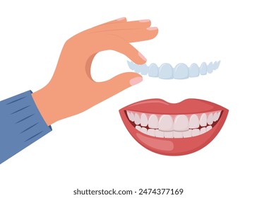 Hand applying clear aligner on teeth. Concepts of dental care and orthodontic dentistry. Teeth straightening with clear aligners. Vector