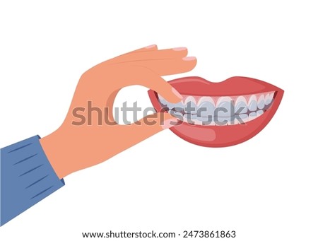 Hand applying clear aligner on teeth. Concepts of dental care and orthodontic dentistry. Teeth straightening with clear aligners. Vector