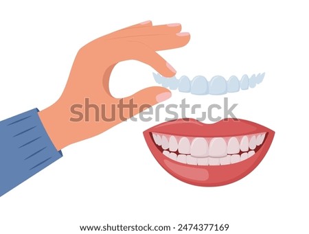 Hand applying clear aligner on teeth. Concepts of dental care and orthodontic dentistry. Teeth straightening with clear aligners. Vector