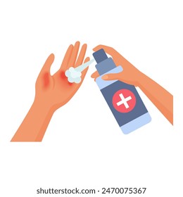 Aplicación manual de aerosol curativo desde botella con cruz médica a la piel dañada de la Ilustración vectorial de la palma