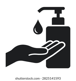 Hand applying liquid hand sanitizer from a dispenser bottle icon with sanitizer dispenser bacteria