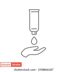 Hand applying lotion cream line icon. Simple outline style. Balm, skin care, pictogram, beauty symbol concept graphic design. Vector illustration isolated on white background. Editable stroke EPS 10.