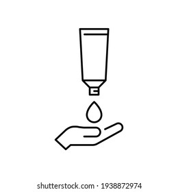 Hand applying lotion cream line icon. Simple outline style. Balm, skin care, pictogram, beauty symbol concept graphic design. Vector illustration isolated on white background. EPS 10.