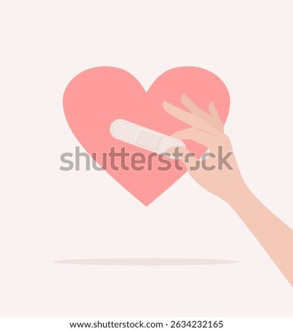 Hand applying a medical plaster to a red heart. Flat vector illustration