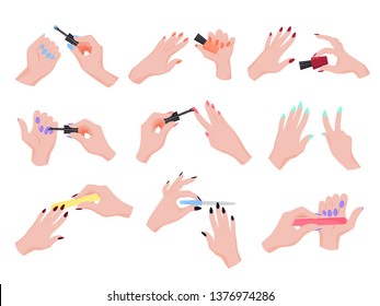 Hand applying nail polish set. Collection of hand making manicure. Female palms. Colorful bottle with nail polish. Glamour and elegance. Isolated vector illustration in cartoon style