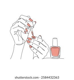 Hand applying polish for nail care. Woman person hand holding brush painting fingernails. Manicure beauty, nail salon cosmetics, professional cosmetology concept flat line art vector illustration.