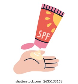 Hand applying SPF cream from a colorful tube. Skincare and sun protection concept in cute flat style. Summer care and prevention. Trendy modern vector illustration isolated on white, hand drawn