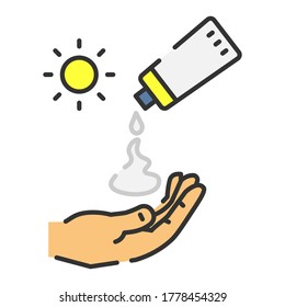 Hand applying sunscreen. Pouring sunblock cream protection for skin from skin cancer