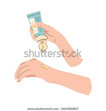 Hand applying sunscreen. Skin care. Protection from the sun and sun rays, healthy skin, even tan. Vector flat illustration on isolated background