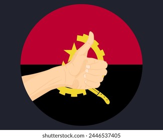 Hand approve sign with Angola flag, thumb up, approval or vote concept, human finger ok sign, agreement or acceptance idea, Angola flag with okay hand symbol design