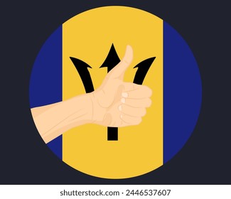 Hand approve sign with Barbados flag, thumb up, approval or vote concept, human finger ok sign, agreement or acceptance idea, Barbados flag with okay hand symbol design
