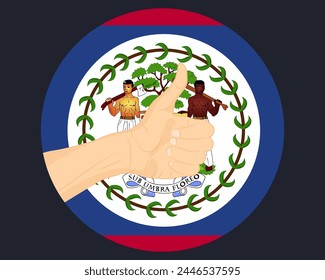 Hand approve sign with Belize flag, thumb up, approval or vote concept, human finger ok sign, agreement or acceptance idea, Belize flag with okay hand symbol design