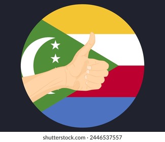 Hand approve sign with Comoros flag, thumb up, approval or vote concept, human finger ok sign, agreement or acceptance idea, Comoros flag with okay hand symbol design