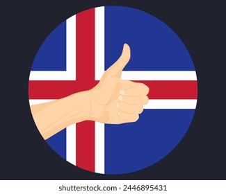Hand approve sign with Iceland flag, thumb up, approval or vote concept, human finger ok sign, agreement or acceptance idea, Iceland flag with okay hand symbol design