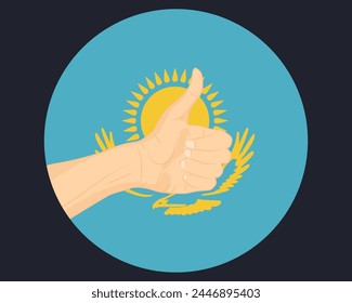 Hand approve sign with Kazakhstan flag, thumb up, approval or vote concept, human finger ok sign, agreement or acceptance idea, Kazakhstan flag with okay hand symbol design