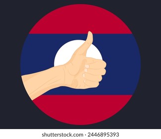 Hand approve sign with Laos flag, thumb up, approval or vote concept, human finger ok sign, agreement or acceptance idea, Laos flag with okay hand symbol design