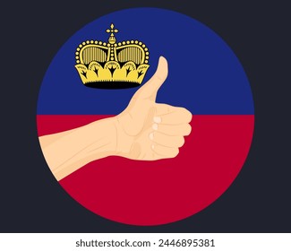 Hand approve sign with Liechtenstein flag, thumb up, approval or vote concept, human finger ok sign, agreement or acceptance idea, Liechtenstein flag with okay hand symbol design