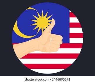 Hand approve sign with Malaysia flag, thumb up, approval or vote concept, human finger ok sign, agreement or acceptance idea, Malaysia flag with okay hand symbol design