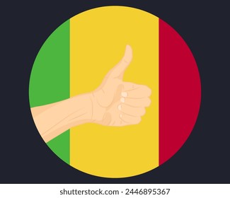 Mano aprobar signo con la bandera de Mali, pulgar hacia arriba, Aprobación o concepto de voto, dedo humano ok signo, Acuerdo o idea de aceptación, Mali bandera con diseño de símbolo de la mano bien