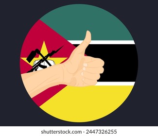 Hand approve sign with Mozambique flag, thumb up, approval or vote concept, human finger ok sign, agreement or acceptance idea, Mozambique flag with okay hand symbol design
